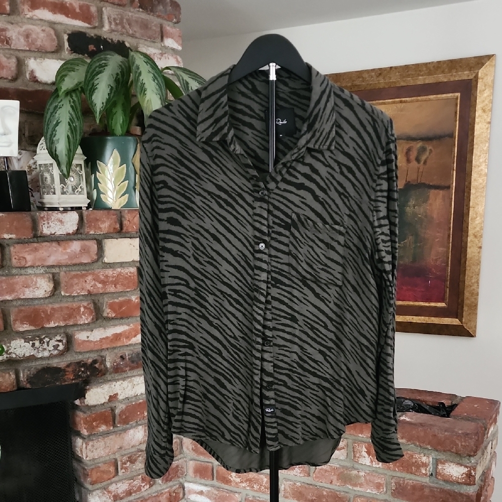 Rails Zebra Print Button-Down Shirt Olive Black Women’s - Picture 2 of 11